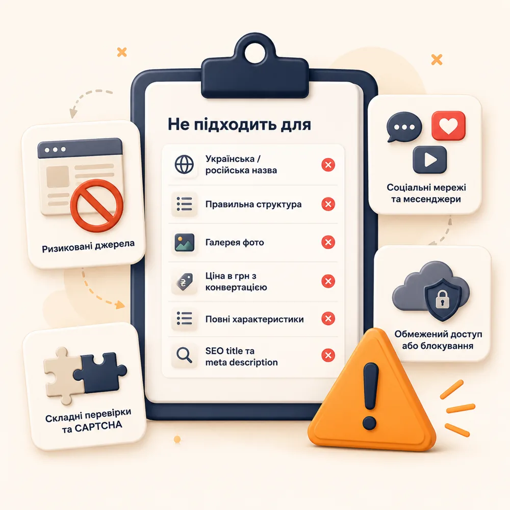 Ілюстрація обмежень: CAPTCHA, заблоковане джерело, ризик